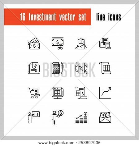 Investment Icons. Set Of  Line Icons. Report, Accounting, Insurance. Finance Concept. Vector Illustr