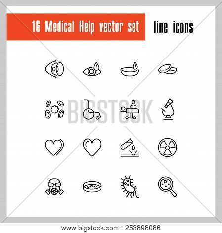 Medical Help Icons. Set Of Line Icons. Laboratory, Heart Decease, Virus. Medicine Concept. Vector Il