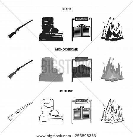 Winchester, Saloon, Rock, Fire.wild West Set Collection Icons In Black, Monochrome, Outline Style Ve