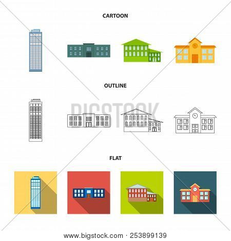 Skyscraper, Police, Hotel, School.building Set Collection Icons In Cartoon, Outline, Flat Style Vect
