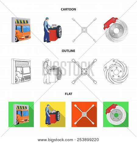 Wheel Balancing, Spanner And Brake Disc Cartoon, Outline, Flat Icons In Set Collection For Design.ca