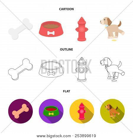 A Bone, A Fire Hydrant, A Bowl Of Food, A Pissing Dog.dog Set Collection Icons In Cartoon, Outline, 