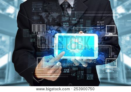 Businessman Showing Secured  Internet Cloud Technology Concept For Storage And Backup