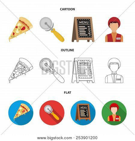 A Pizza Cutter, A Slice, A Menu In A Pizzeria, A Courier. Pizza And Pizzeria Set Collection Icons In