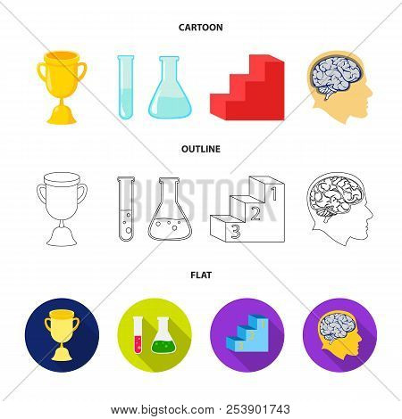 A Cup, Test Tubes With A Reagent, A Pedestal, A Man Head With A Brain. School Set Collection Icons I