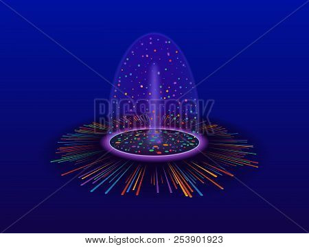 Magic Portal Of Fantasy. Futuristic Teleport. Light Effect. Colorful Dots With Sparks On Night Backg