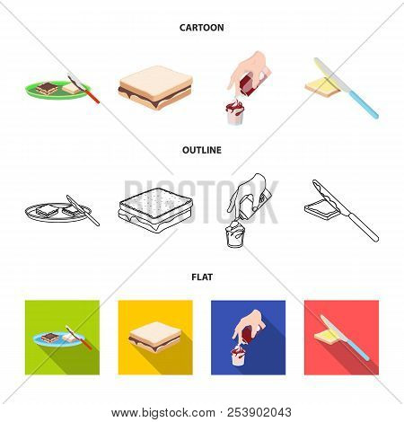Dessert With Cream, A Sandwich And Other Food. Food Set Collection Icons In Cartoon, Outline, Flat S