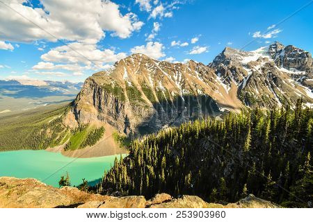 Lake Louise And Saddleback Mountain From The Summit Of Big Beehive In Spring, Banff National Park, A