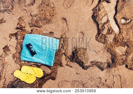 Towel And Sunglesses On A Sandy Background. Dreamy  Beach Wallpaper