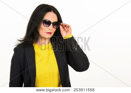 Serious Woman With Sunglasses Isolated On White Background