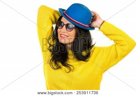 Beautiful Woman Posing With Sunglasses And Blue Wool Hat Isolated On White Background
