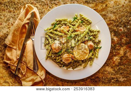 Breaded Shrimp With Gemelli Twin Tube Pasta In Homemade Pesto Sauce