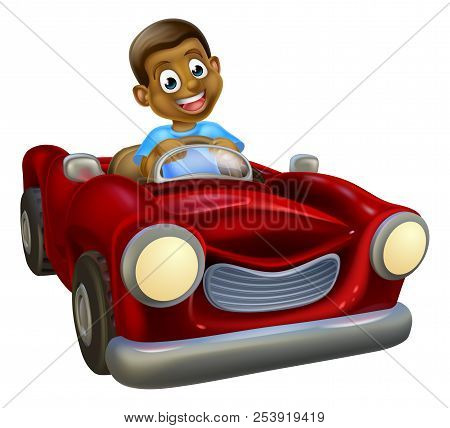 A Cartoon Black Boy Having Fun Driving A Red Car