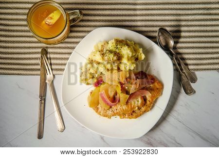 Roasted Pork Chops With Applecider Sauce Sliced Apple Red Onions And Smashed Potatoes