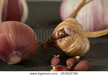 Garlic Bulbs Cloves And Bulbil On Dark Stone Background, Growing Garlic From Cloves Or Bulbils Conce