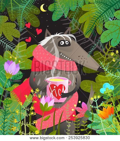 Fun Cartoon Animal Wolf Sick In Love In The Forest.