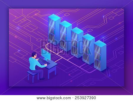 Isometry Landing Page With Man Connecting To Server, Computer Ne