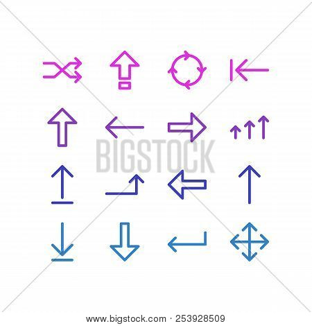Vector Illustration Of 16 Sign Icons Line Style. Editable Set Of Next, Shuffle, Turn And Other Icon 