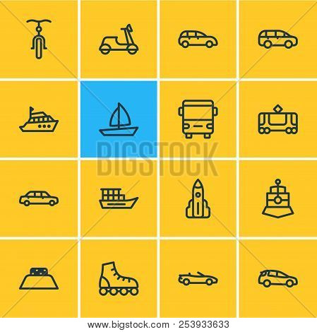 Vector Illustration Of 16 Transit Icons Line Style. Editable Set Of Mpv, Bicycle, Shuttle And Other 