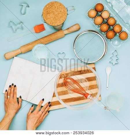Baking Or Cooking Background Frame. Ingredients, Kitchen Items For Baking Cakes. Kitchen Utensils, F