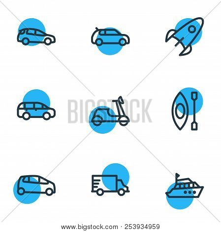 Illustration Of 9 Vehicle Icons Line Style. Editable Set Of Supermini, Compact Car, Kayak And Other 