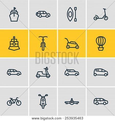 Illustration Of 16 Transit Icons Line Style. Editable Set Of Kick Scooter, Mpv, Air Balloon And Othe