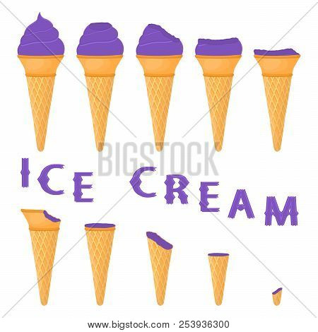 Vector Illustration For Natural Blackcurrant Ice Cream On Waffle Cone. Ice Cream Pattern Consisting 