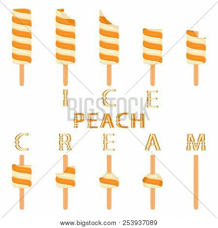 Vector Illustration Logo For Natural Peach Ice Cream On Stick. Ice Cream Pattern Consisting Of Sweet