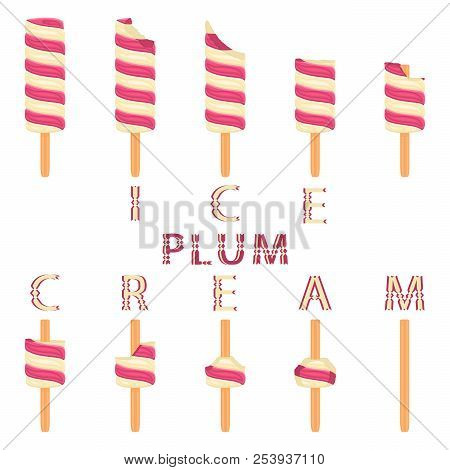 Vector Illustration Logo For Natural Plum Ice Cream On Stick. Ice Cream Pattern Consisting Of Sweet 