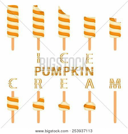 Vector Illustration Logo For Natural Pumpkin Ice Cream On Stick. Ice Cream Pattern Consisting Of Swe