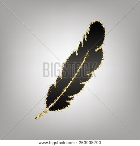 Feather Sign Illustration. Vector. Blackish Icon With Golden Sta