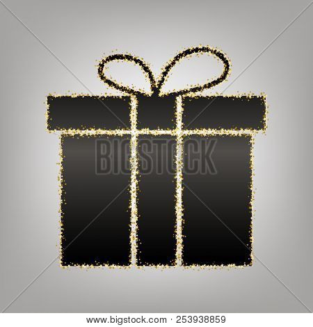 Gift Box Sign. Vector. Blackish Icon With Golden Stars At Grayis