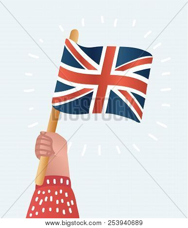 Vector Cartoon Illustration Of Hand Holds The Flag Of Great Britain. Object On White Background.