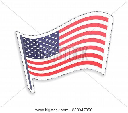 Old Glory On Wooden Pole, Usa Flag Of Rectangular Shape, Patriotic And Democratic Symbol Of Country,