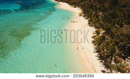 Aerial View Of Tropical Beach On The Island Malcapuya, Palawan, Philippines. Beautiful Tropical Isla