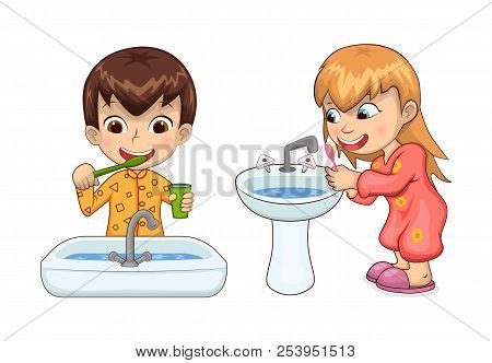 Young Boy And Girl Hygiene, Teeth Brushing Standing Above Wash Basin, Kids Freshness Daily Morning A