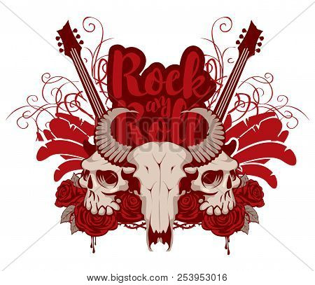 Vector Music Banner With Skulls Of A Horned Animal And Human, Electric Guitar, Wings, Red Roses, Dri