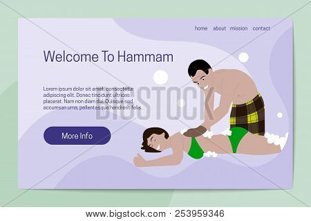Welcome To Hammam Concept. The Attendant Serves A Woman In A Turkish Bath. Landing Page Template.