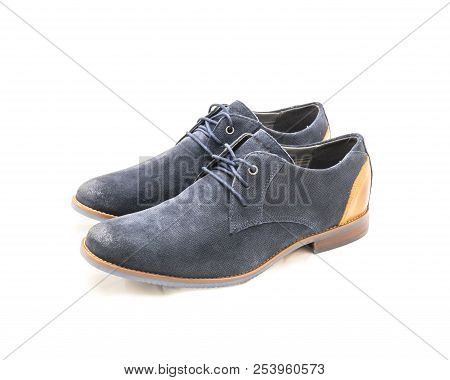 Studio Shot Dark Blue Men Dress Blucher Shoes Isolate On White Background