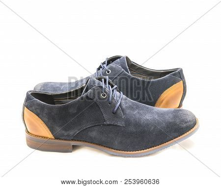 Studio Shot Dark Blue Men Dress Blucher Shoes Isolate On White Background