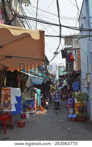 Ho Chi Minh City, Vietnam - 3rd January 2018. An Alleyway In District 1 In Saigon.