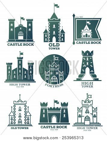 Logo With Castle And Towers At Flags. Coat Of Arms