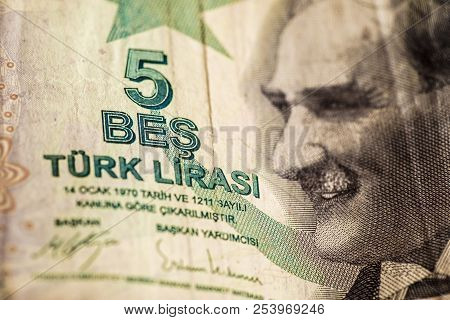 Close Up Turkish Lira Bills On Wooden Table, Turkish Lira (turkish Turk Parasi), High Exchange Rate 