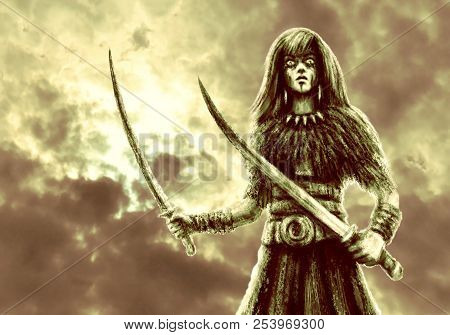 Amazon With Two Swords In Battle. Fantasy Illustration. Green Color Background