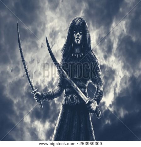 Amazon With Two Swords In Battle. Fantasy Illustration. Black Color Background