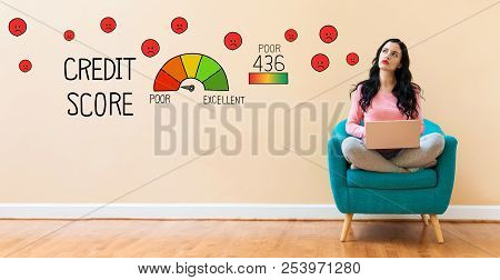 Poor Credit Score With Young Woman Using A Laptop Computer