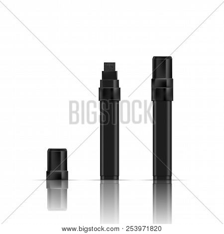 Black Marker Realistic Vector Illustration. Broad Marker With Reflection And Shadow On White Backgro