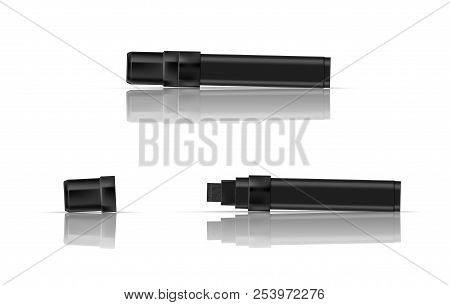 Black Marker Realistic Vector Illustration. Broad Marker With Reflection And Shadow On White Backgro