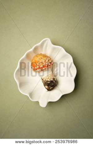 Mushroom Fly Agaric Toadstool In A Ceramic Bowl On A Pale Green Background, The Concept Of Autumn, P