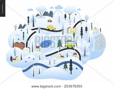 Magical Winter Landscape - Snowed Up Island With Hills, Roads, Cars, Houses And Snow-covered Trees, 